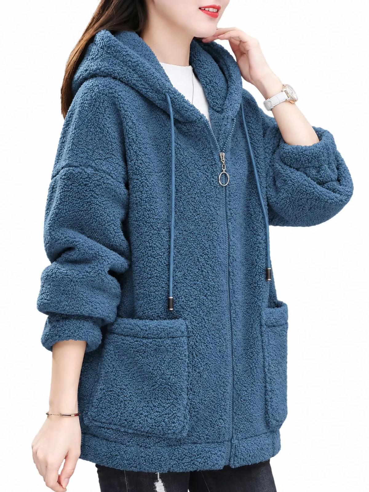 Blue fleece zip-up hoodie with pockets