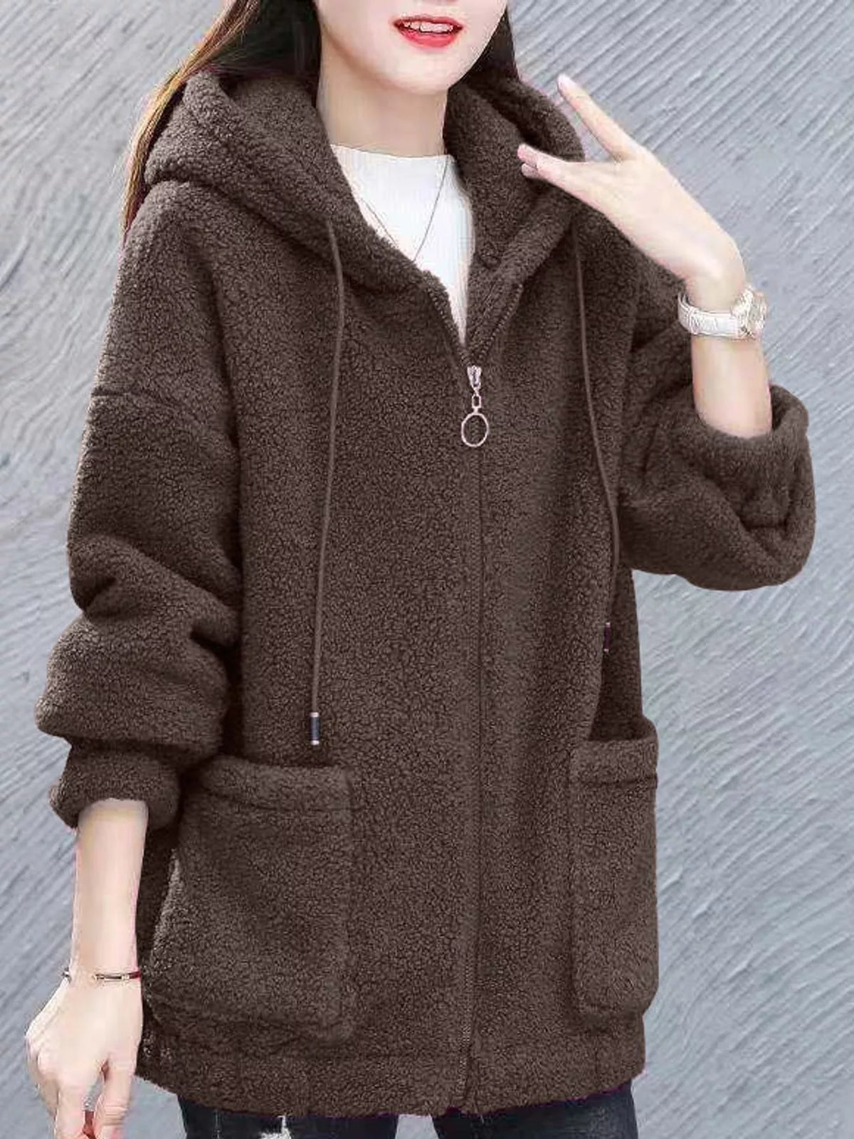 Coffee fleece zip-up hoodie with pockets