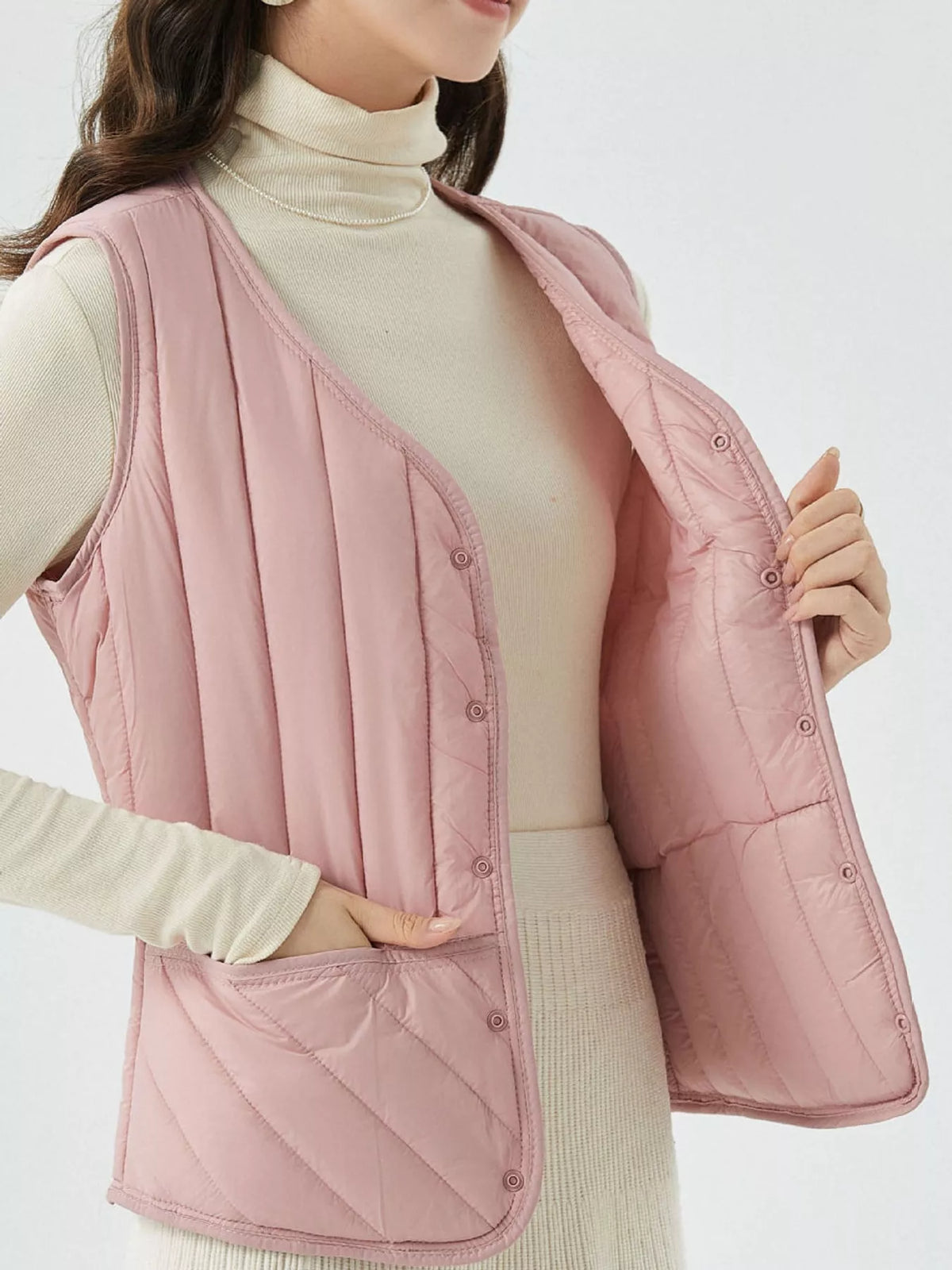 Quilted Button Up Vest in pink, front view