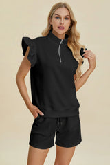 Trendsi Double Take Full Size Texture Flounce Sleeve Top and Shorts Set -