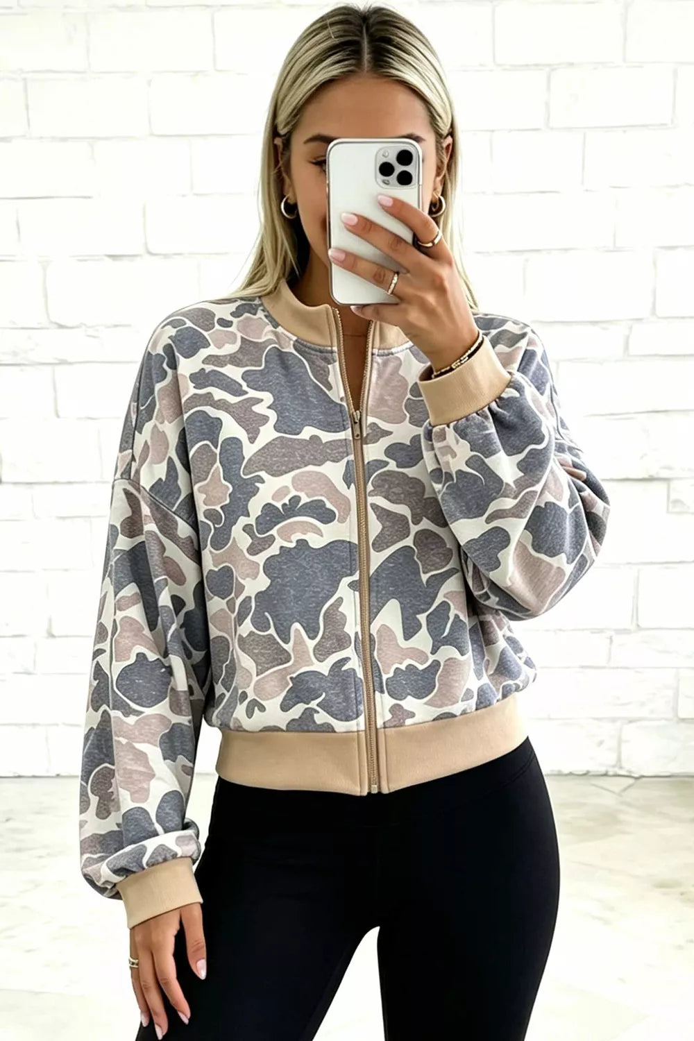 Green Camouflage camouflage print color block trim zip bomber sweatshirt