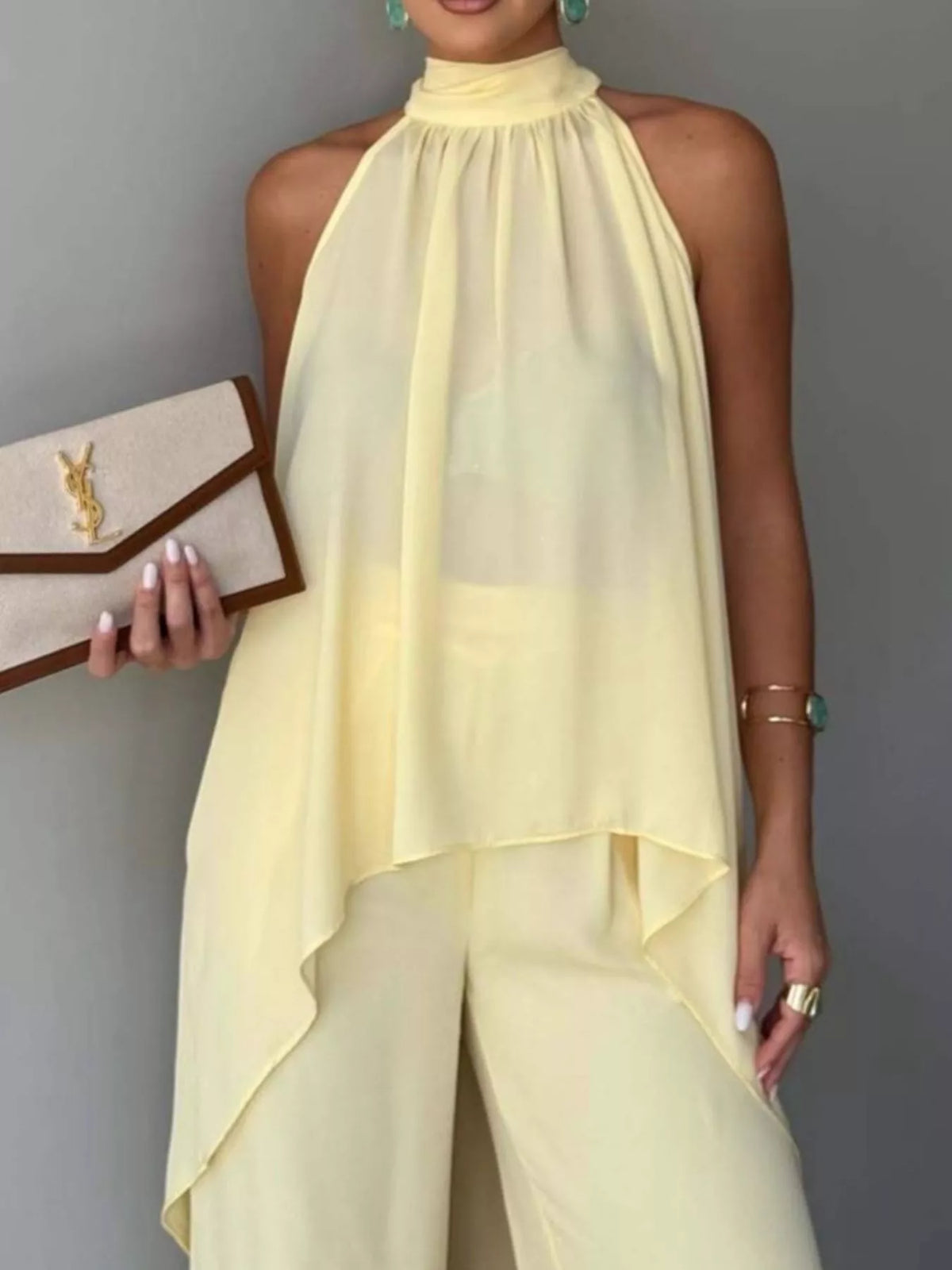 Pale Yellow High-Low Sleeveless Top & Wide-Leg Pants Set front detail