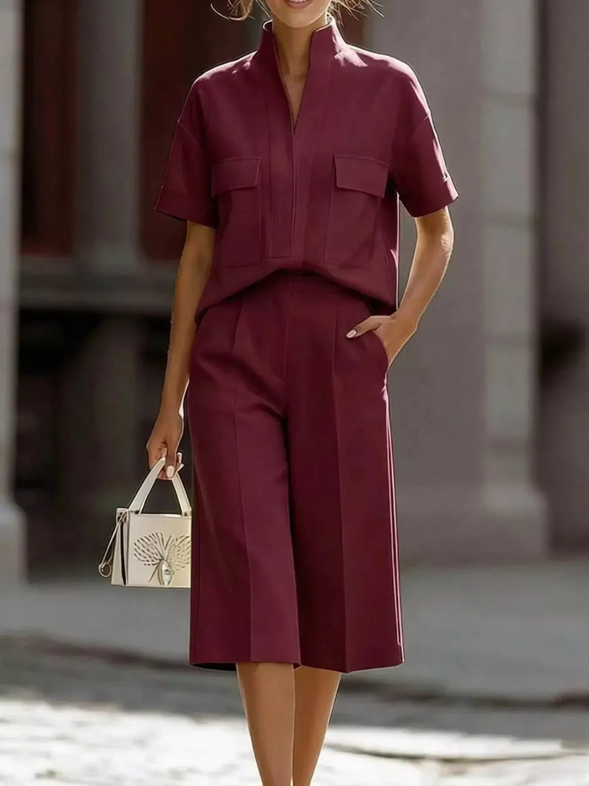 Wine Red short sleeve shirt and capris set