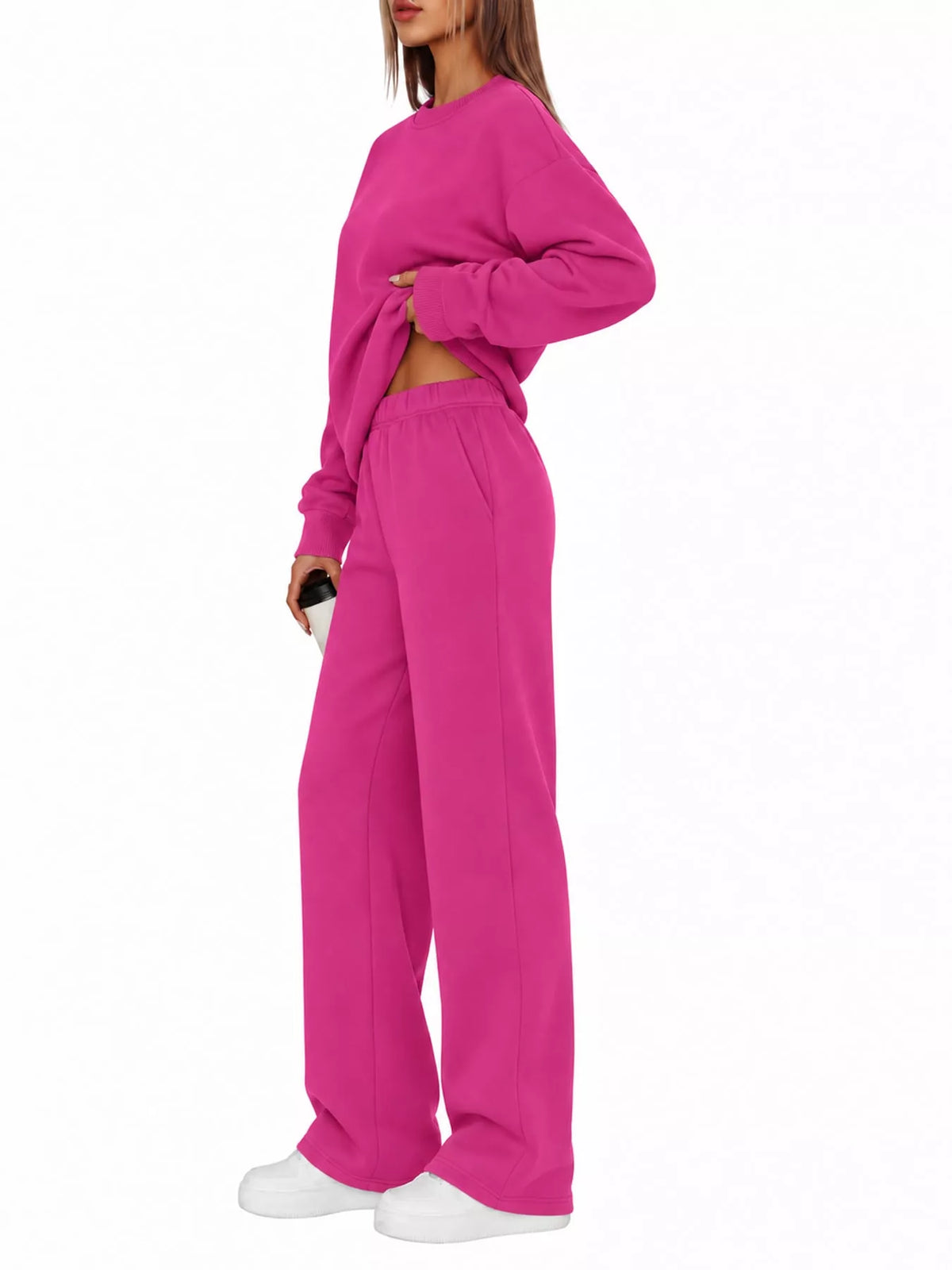 Crewneck Drop Shoulder Sweatshirt and Wide-Leg Pants Set — side view