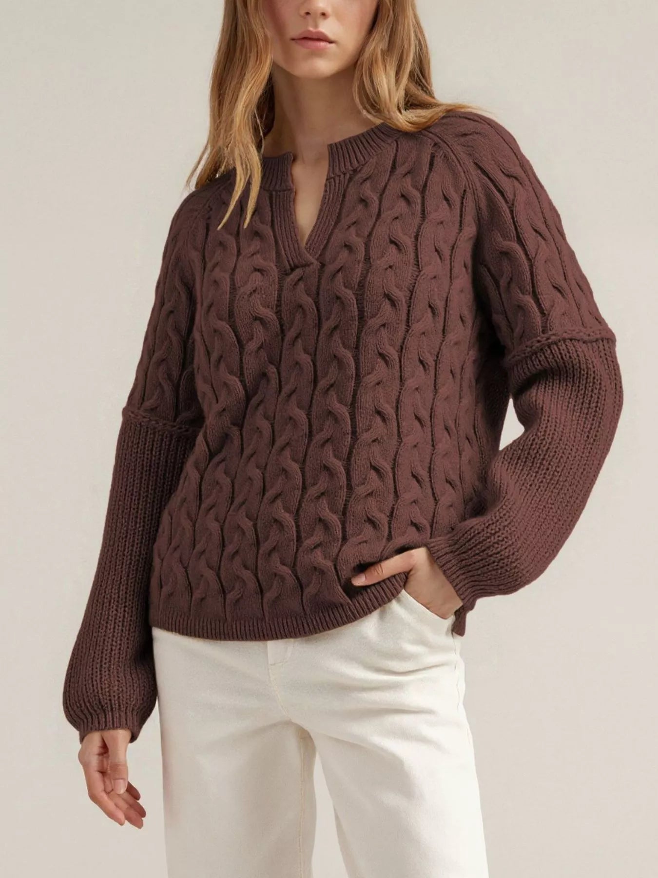 Trendsi Cable-Knit Dropped Shoulder Sweater -