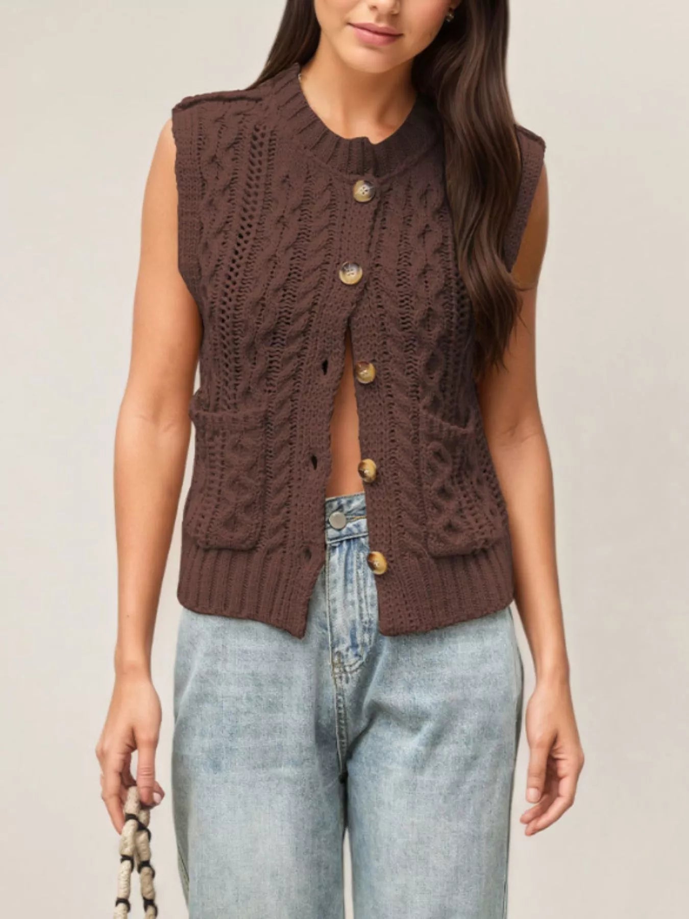 Trendsi Cable-Knit Button-Down Sweater Vest -