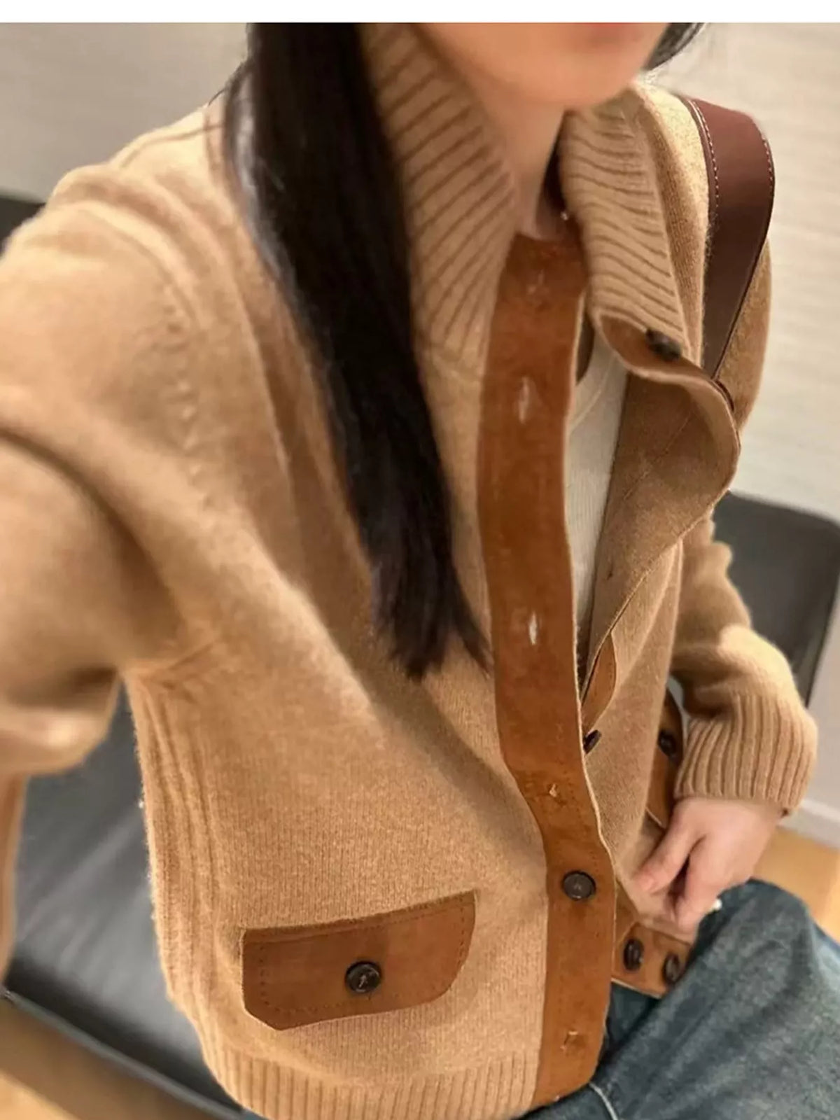 Ribbed-Knit Mock Neck Cardigan in camel, front view
