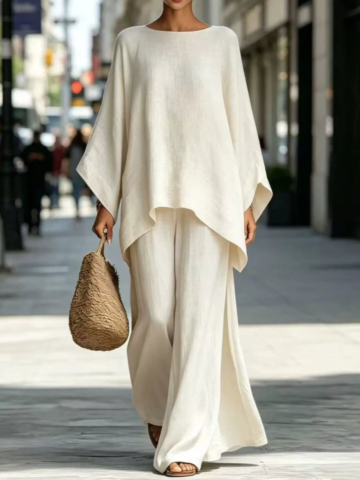 White batwing top and wide-leg pants set, front view