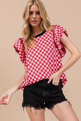 Trendsi Oh Checkered Round Neck Puff Sleeve Blouse -