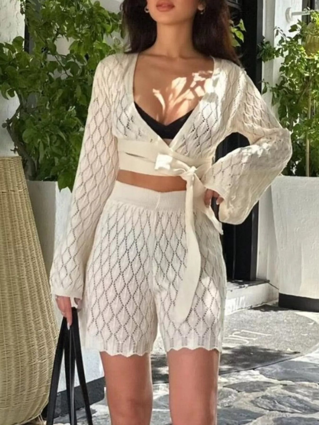 Trendsi Openwork Long Sleeve Top and Shorts Set -