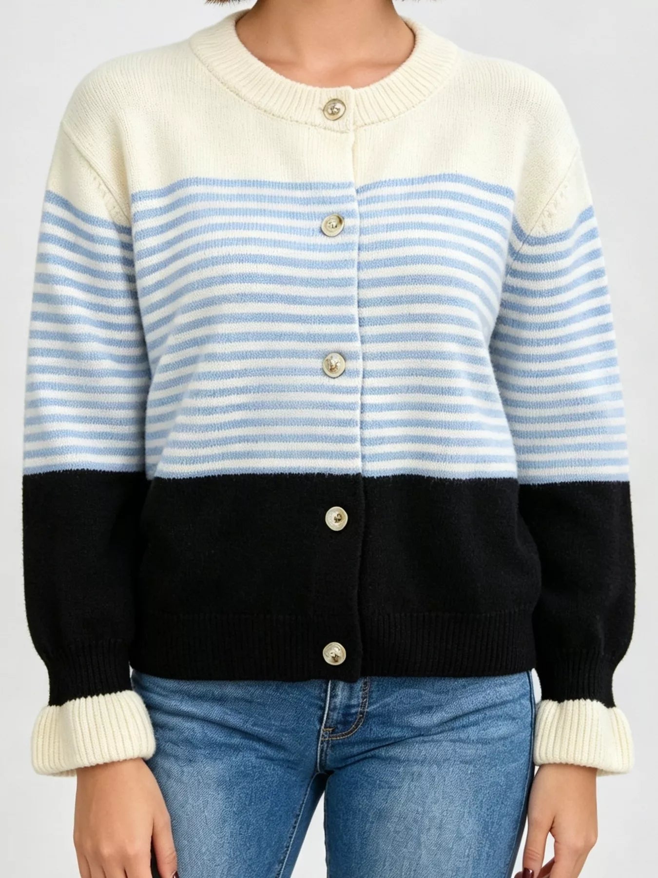 Trendsi Color Block Striped Button Up Cardigan -