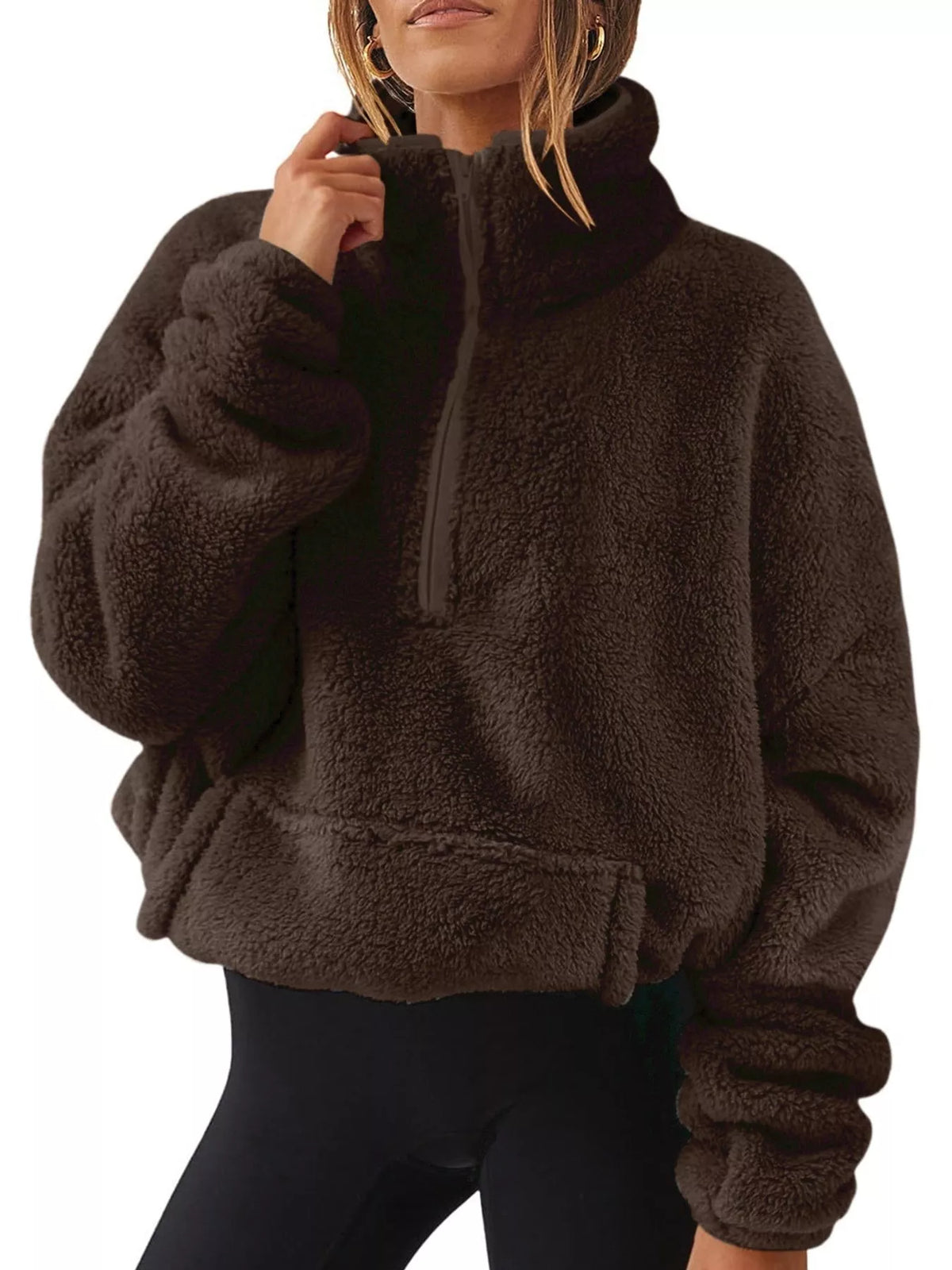 Sherpa quarter-zip sweatshirt, dark brown front