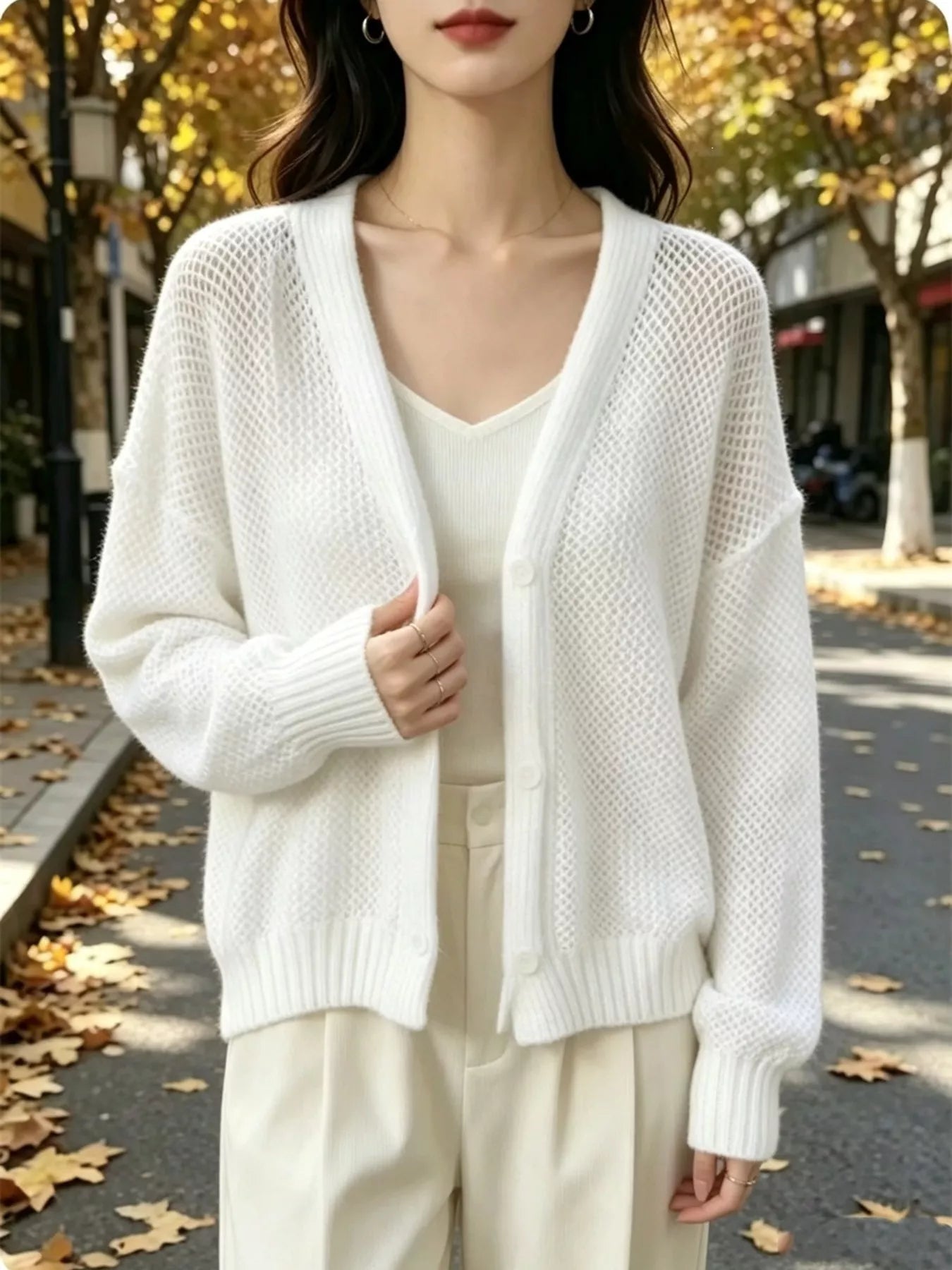 Trendsi V-Neck Open-Knit Button-Down Cardigan -
