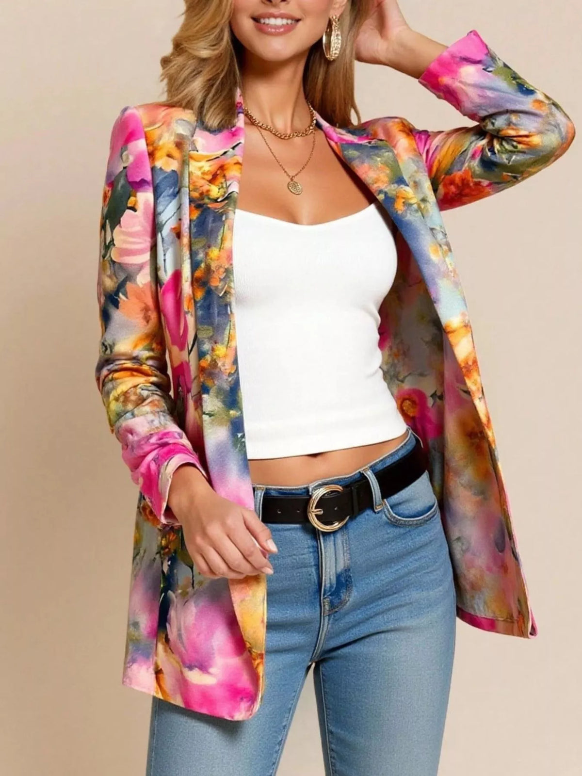 Hot Pink floral print button up blazer