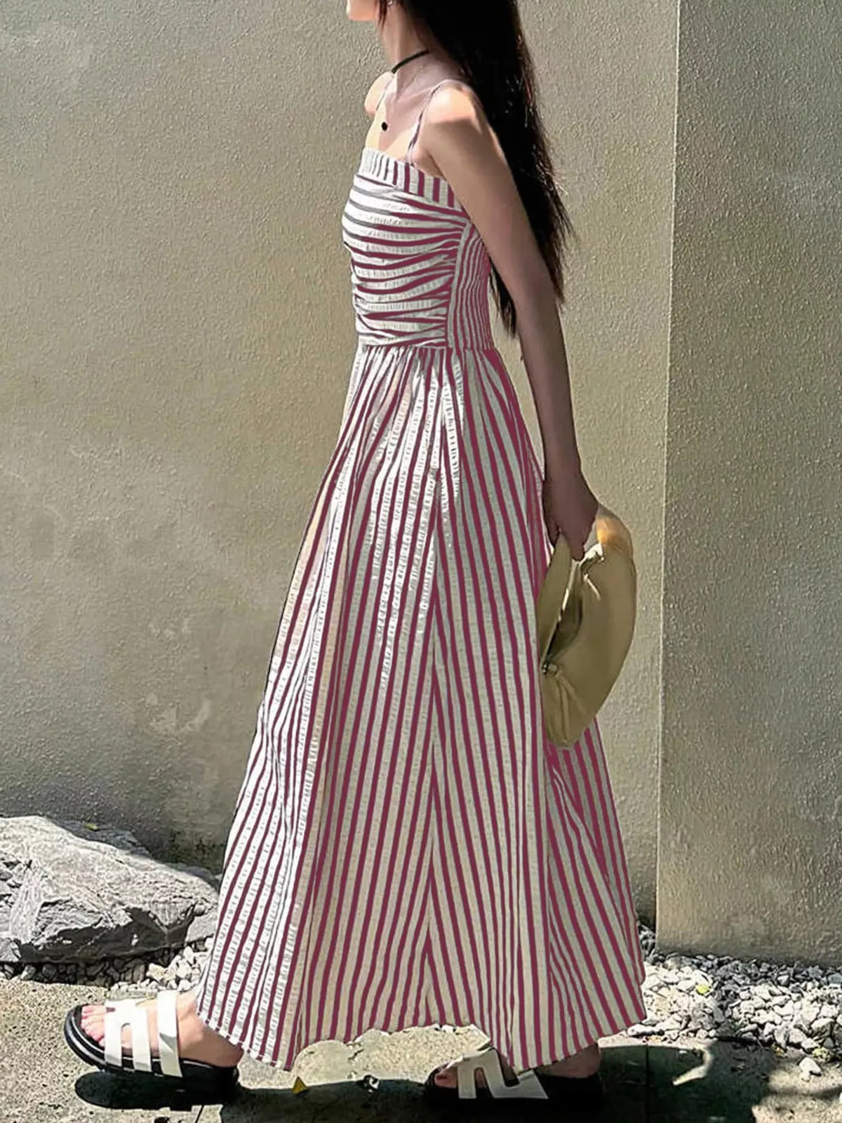Burgundy and white striped spaghetti strap maxi dress with gathered bodice and pockets