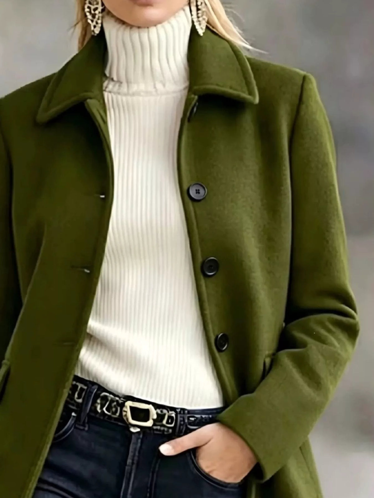 Women's Button Up Longline Coat in olive — collar detail view