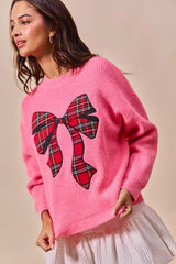 Trendsi SO ME Checker Plaid Ribbon Christmas Holiday Sweater -