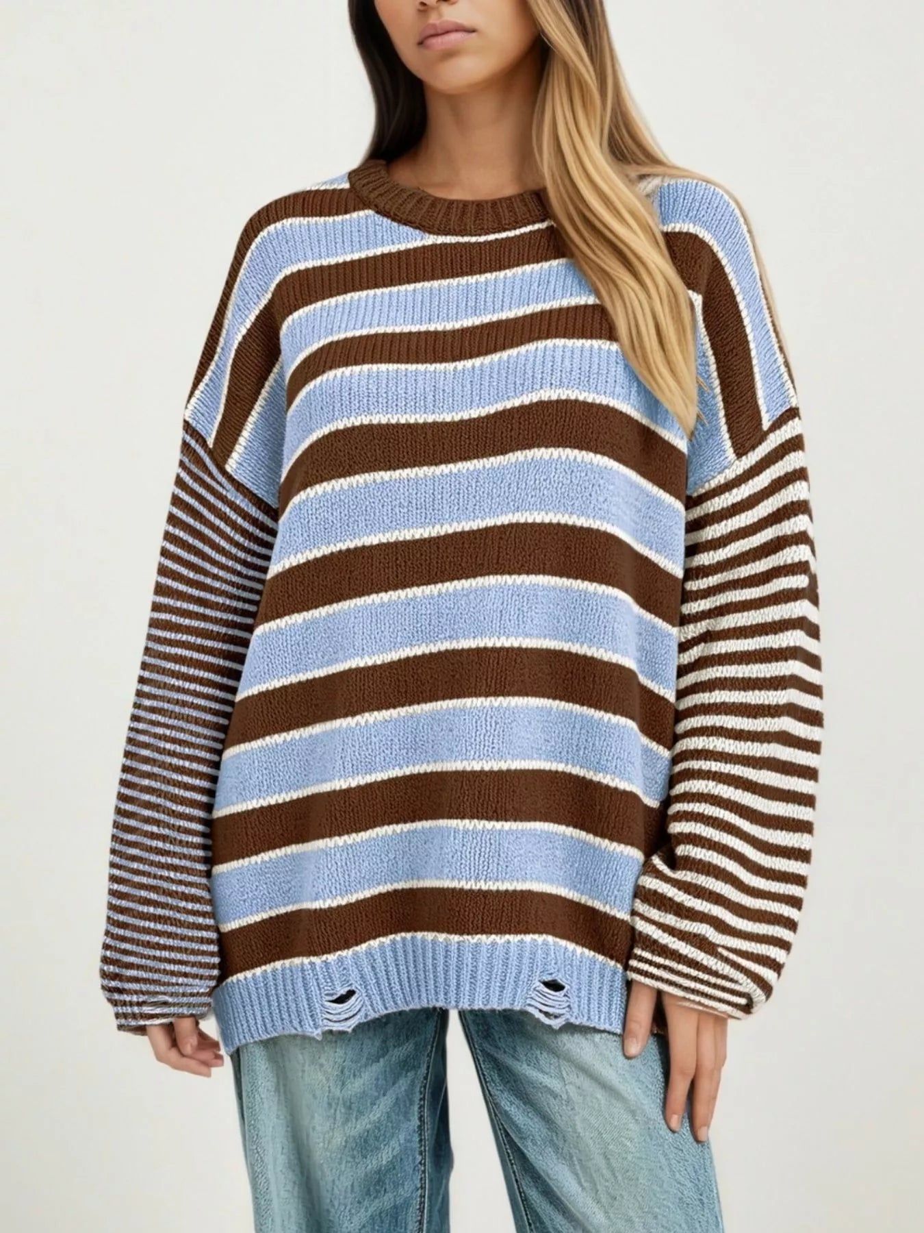 Trendsi Oversized Striped Distressed Sweater -