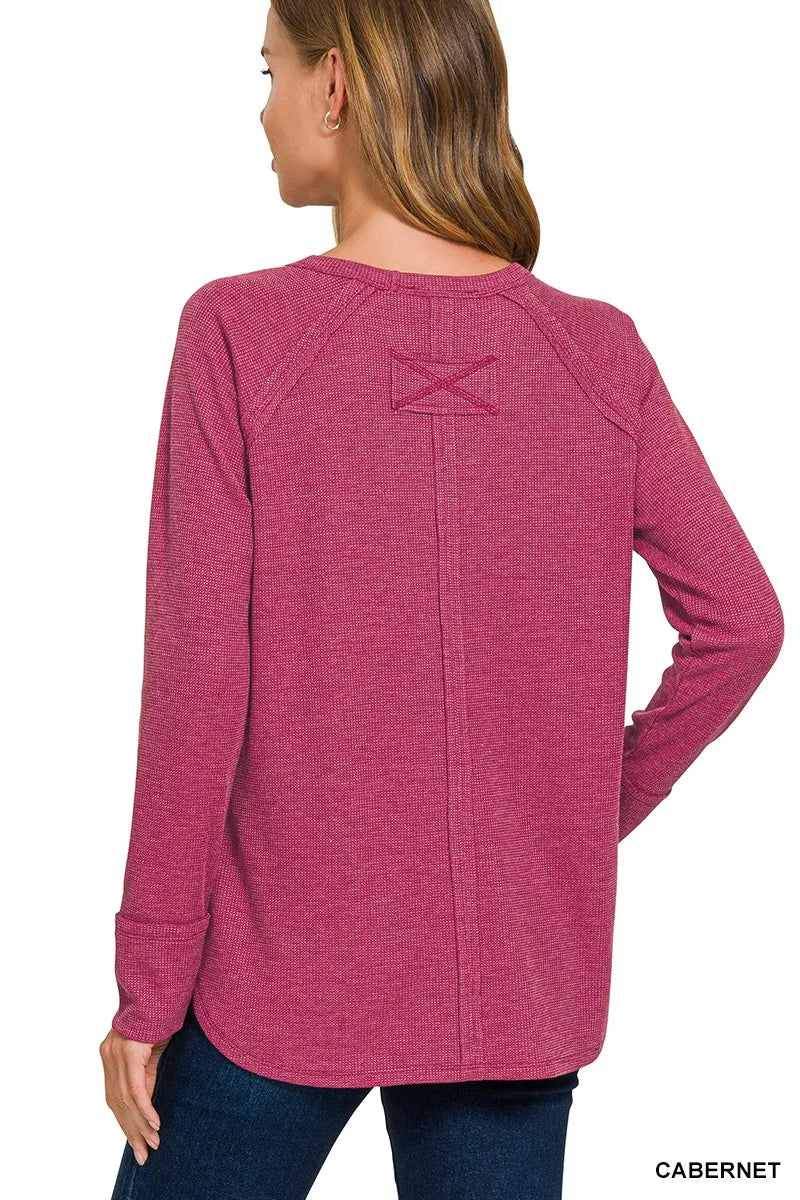 Women's cabernet waffle long-sleeve raglan top with curved hem - product view 3