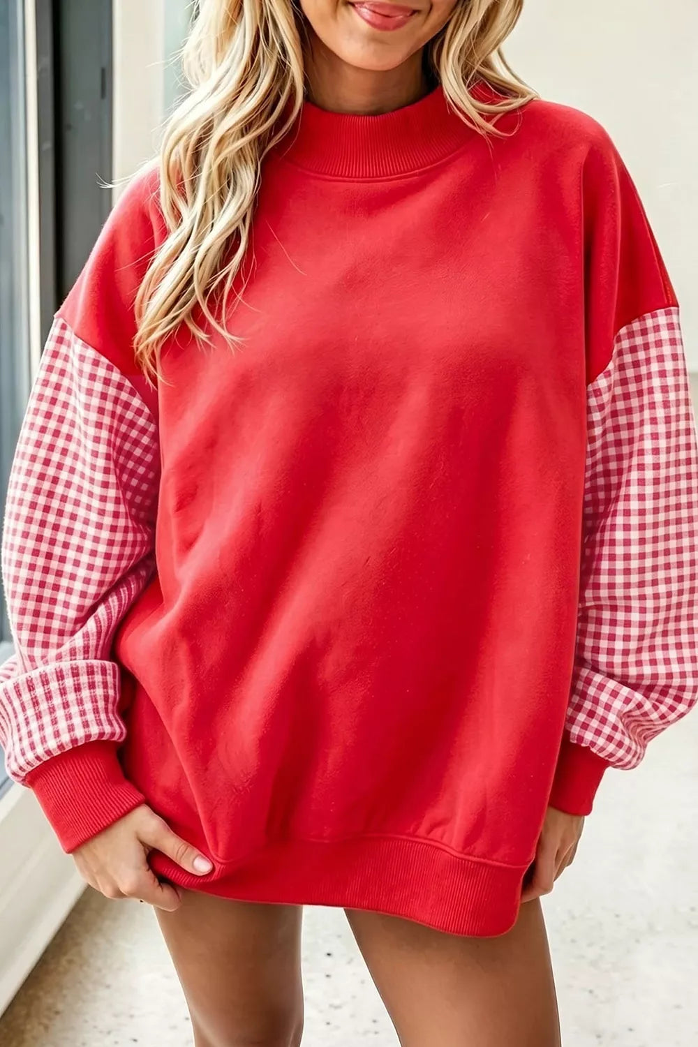 Trendsi Gingham Contrast Sleeve Crew Neck Sweatshirt -