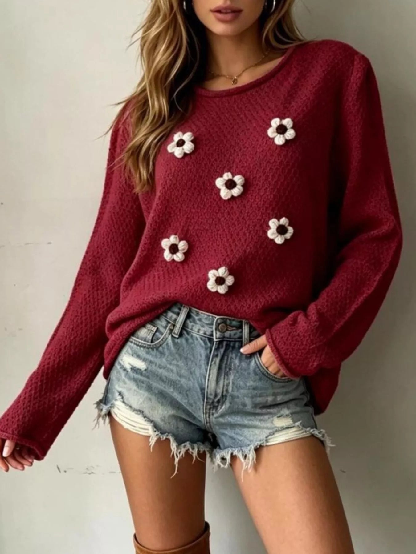 Trendsi Full Size Floral Applique Textured Knit Sweater Plus Size -