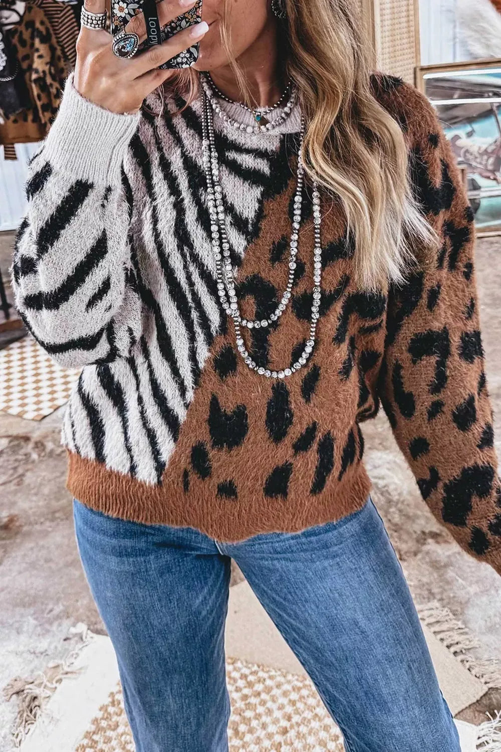 Trendsi Western Leopard Zebra Print Long Sleeve Round Neck Sweater -
