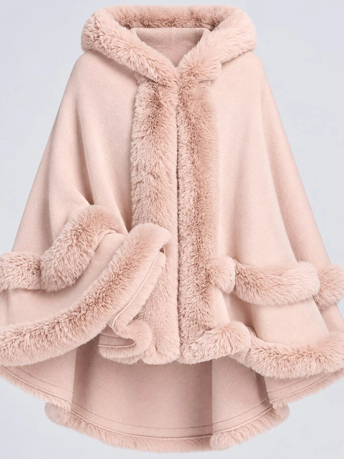 Faux-fur-trim cape, pink fur trim detail