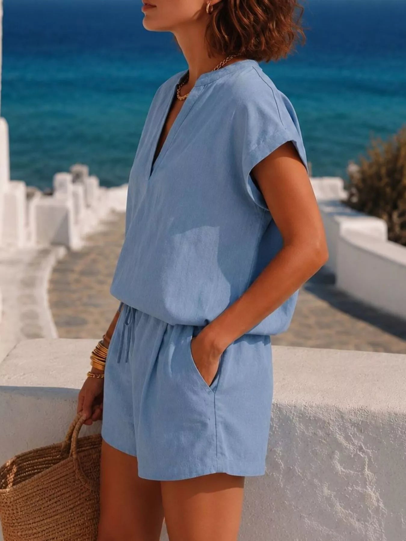 Trendsi Notched Short Sleeve Top and Shorts Set -