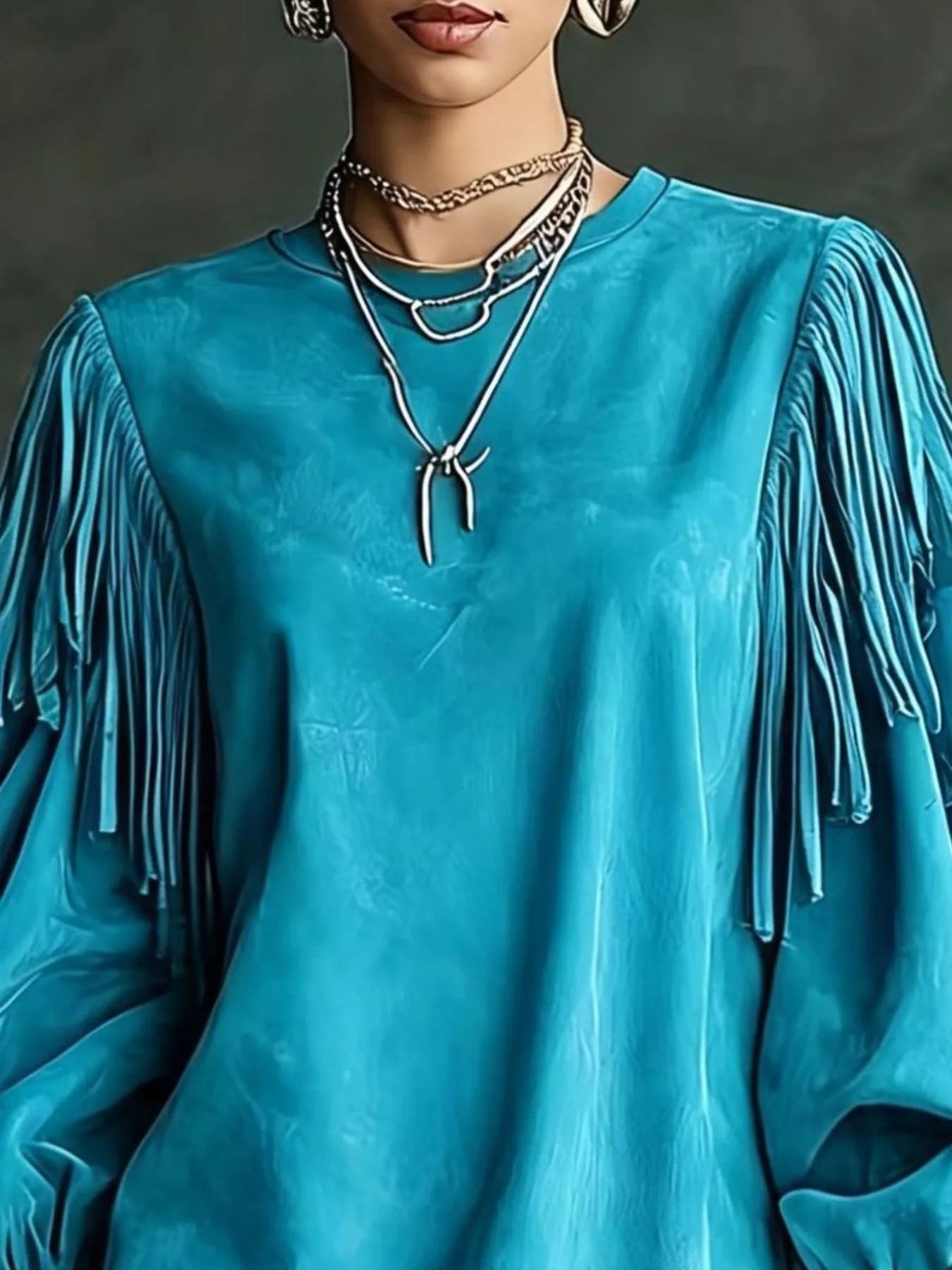 Trendsi Fringe Detail Lantern Sleeve Mini Dress -