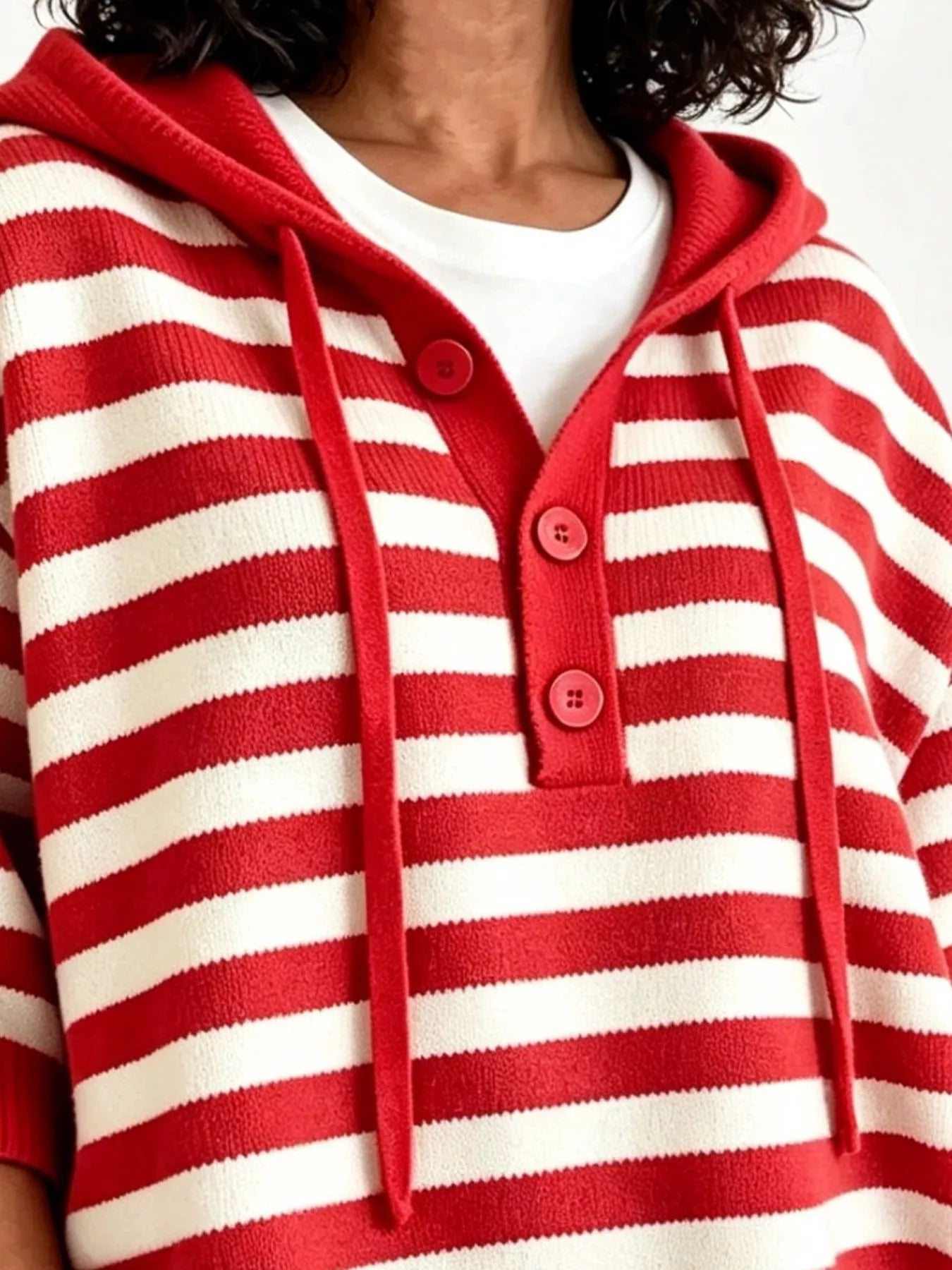 Trendsi Striped Hooded Sweater with Button Detail -