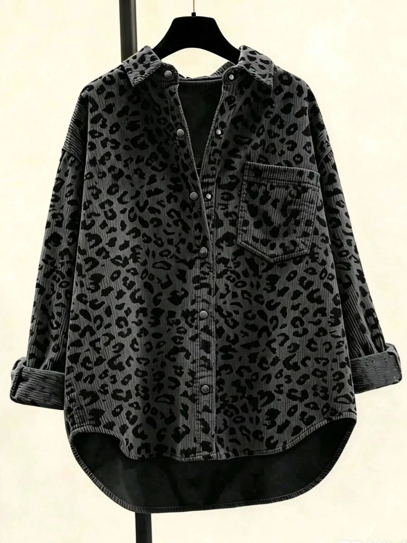 Trendsi Oversized Leopard Corduroy Button-Down Shirt -