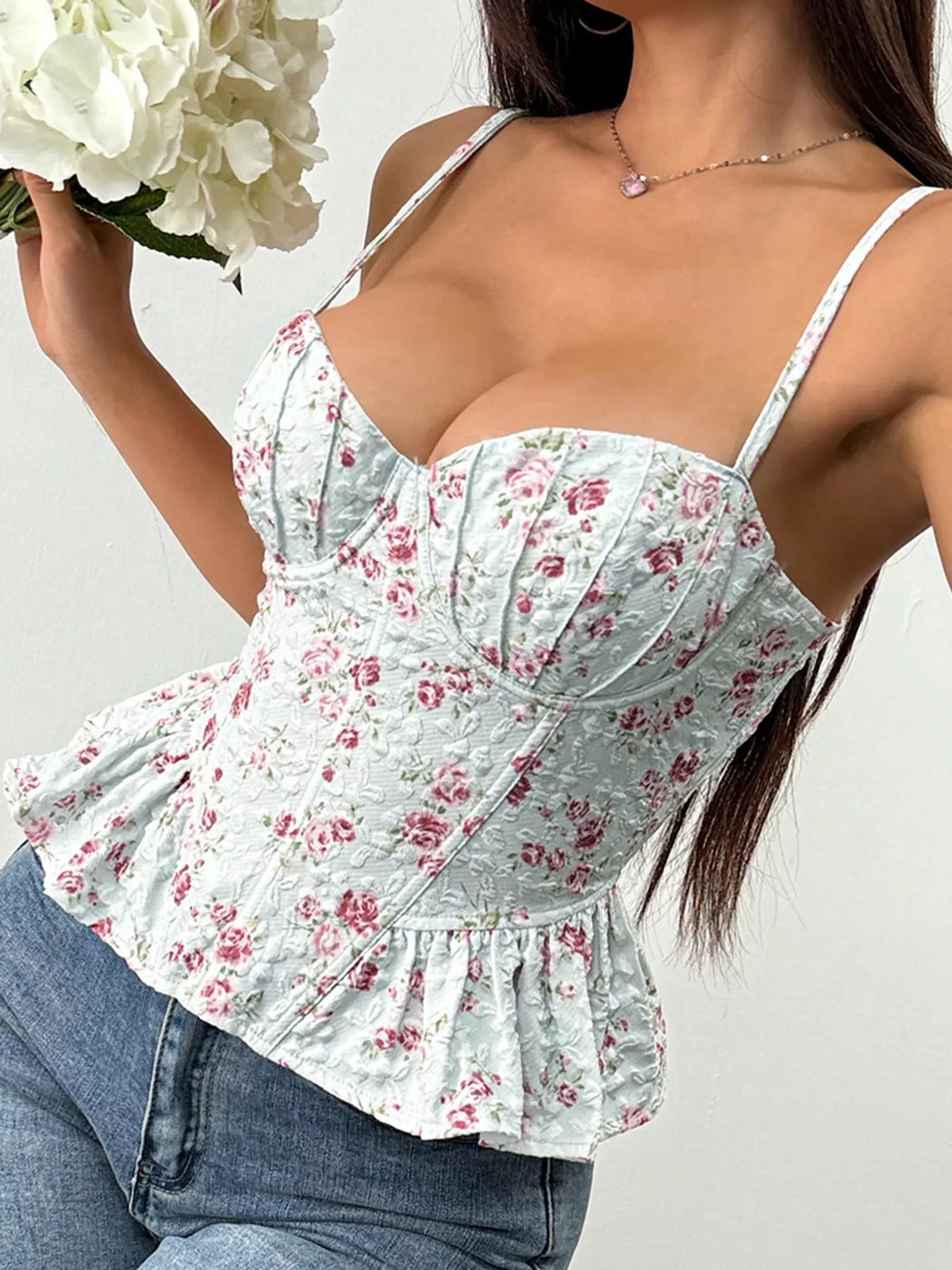 Multicolor lace up back floral print cami