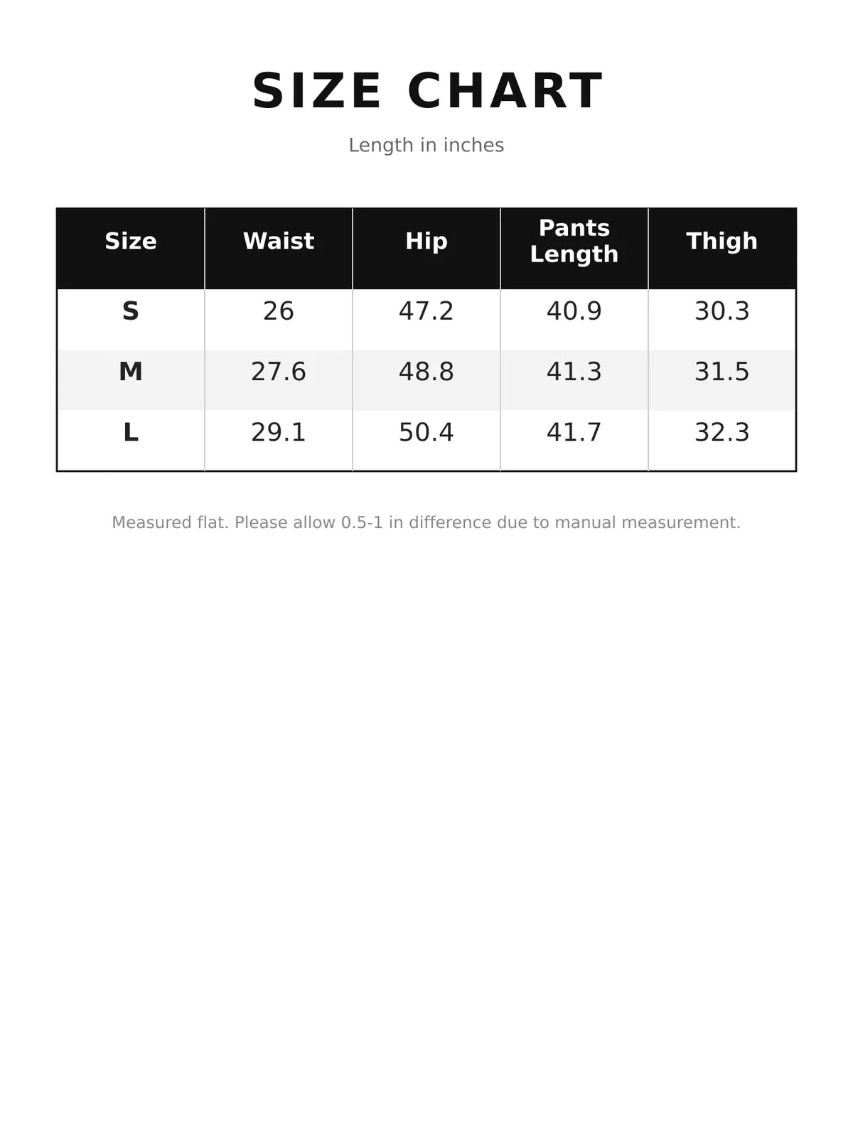 Size chart for women's high-waisted pleated wide-leg pants
