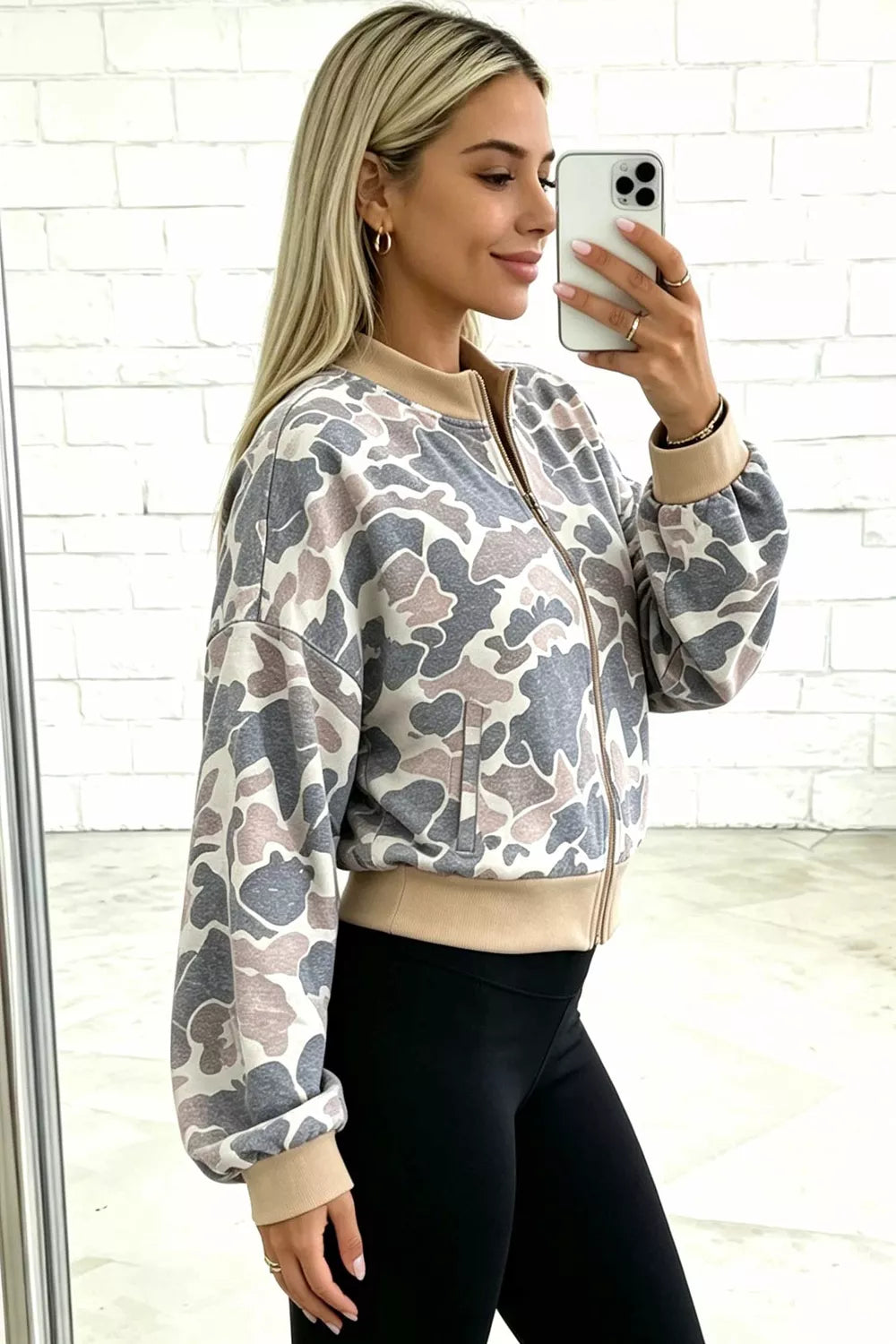 Green Camouflage camouflage print color block trim zip bomber sweatshirt