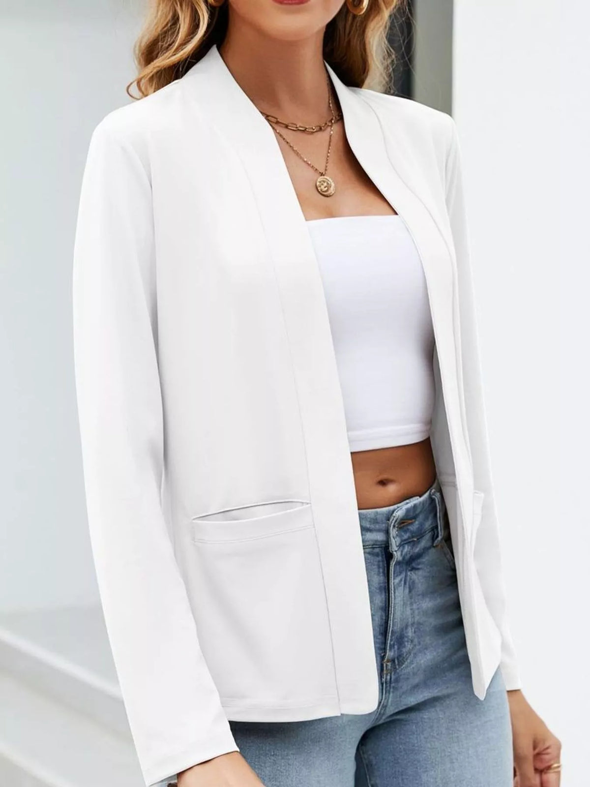Mandarin neck long sleeve blazer, front view on model
