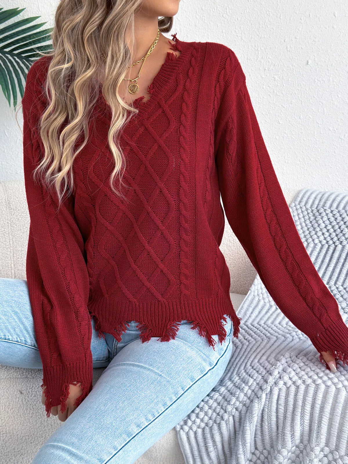 V-Neck Distressed Hem Cable Knit Sweater in burgundy, front view