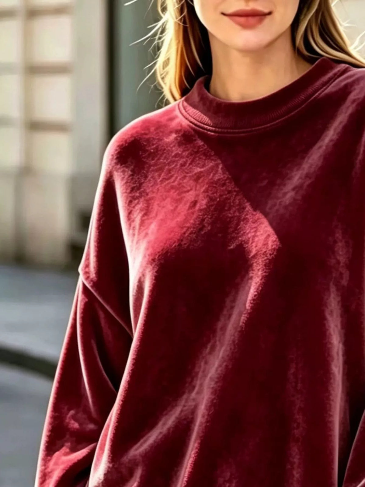 Women's Velvet Crew Neck Dropped Shoulder Sweatshirt in burgundy — texture detail view