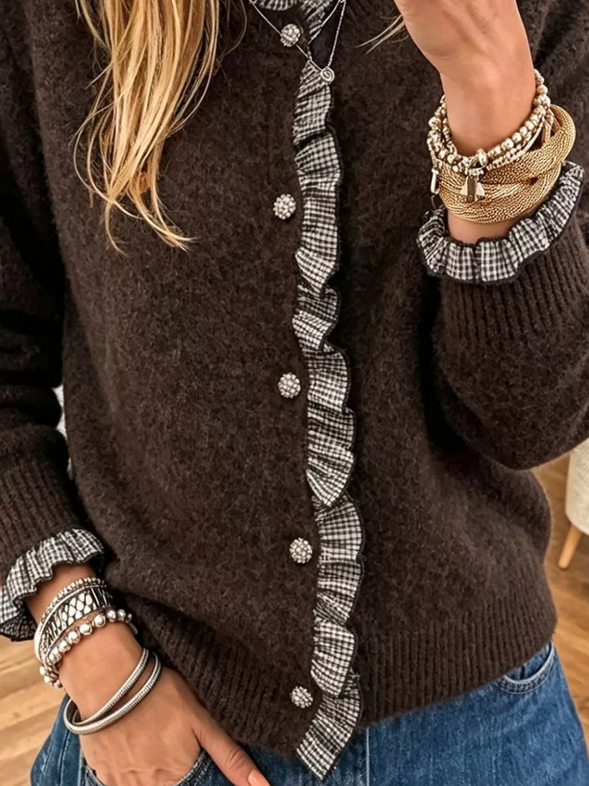 Brown plaid ruffle-trim button cardigan — design and construction details