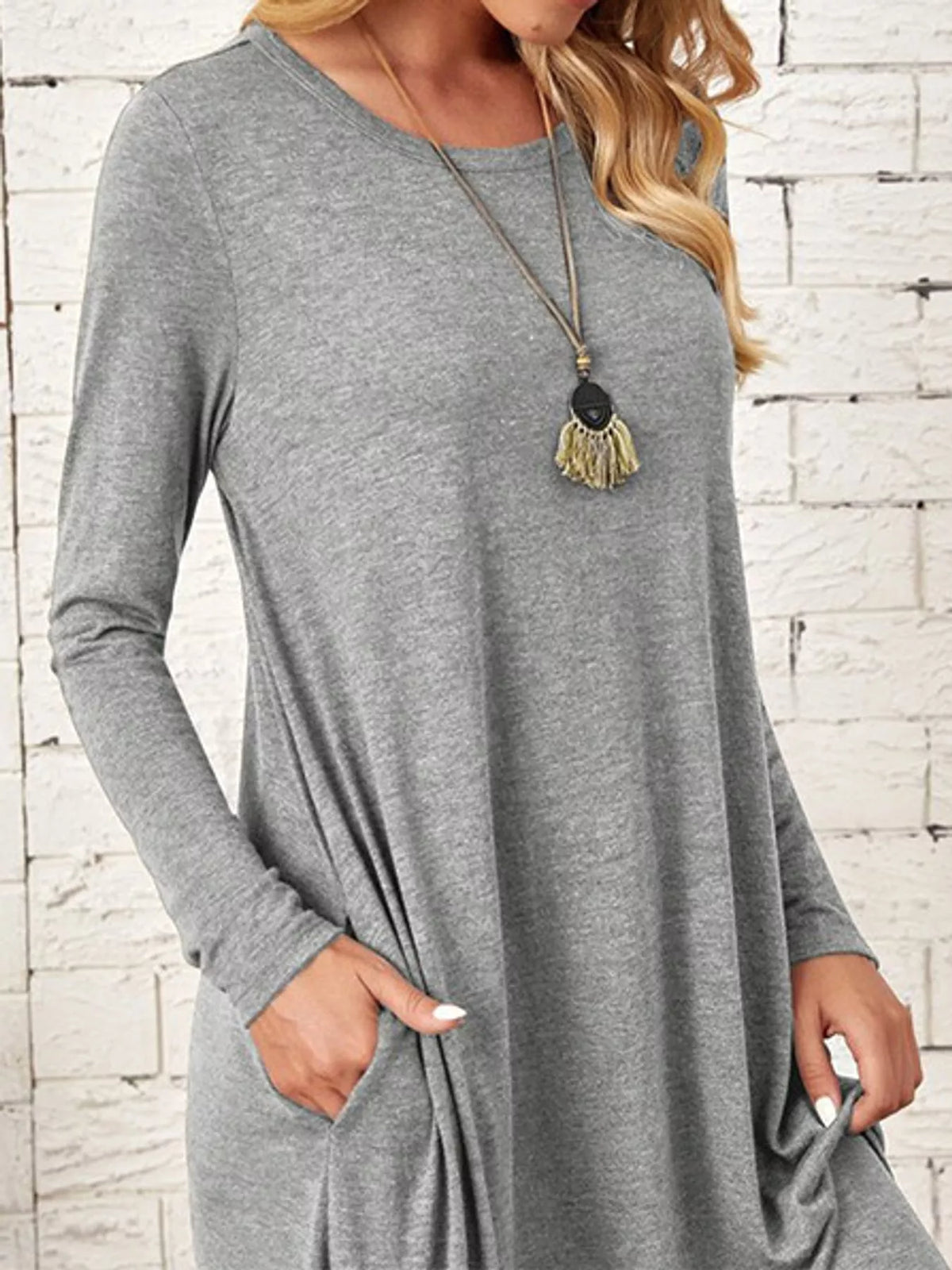 Round neck long sleeve midi dress, construction and design details