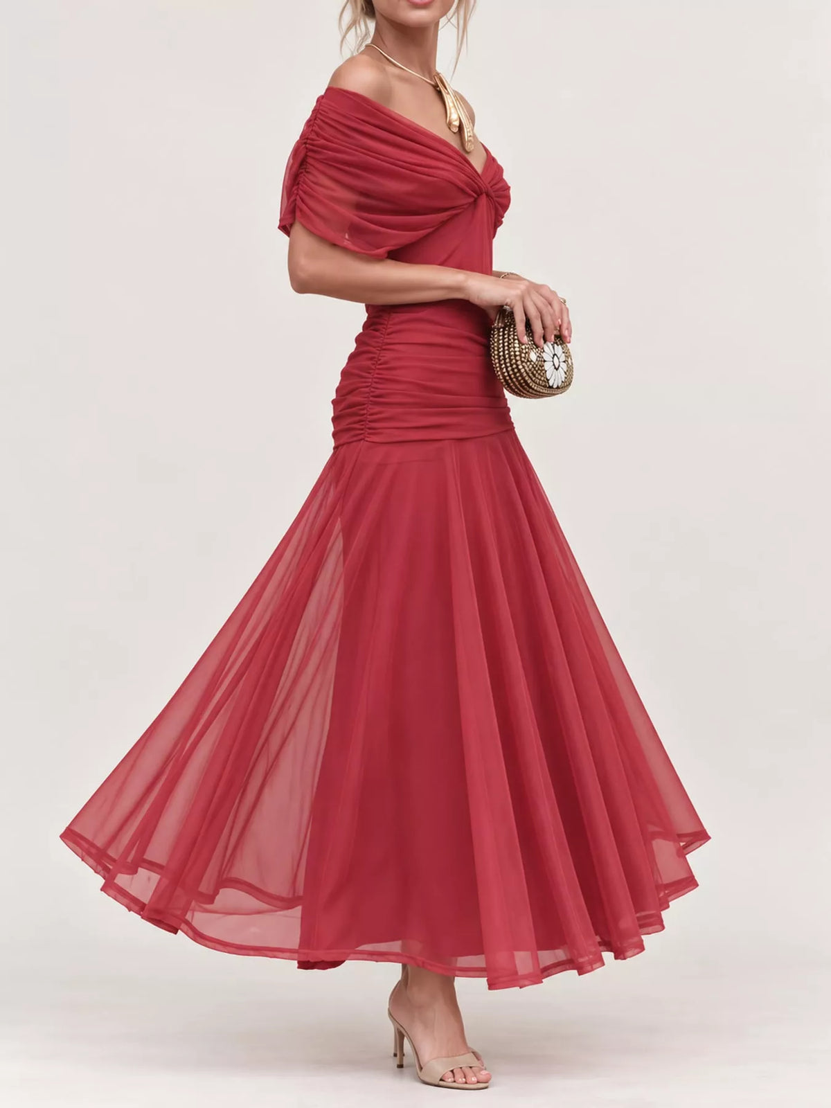 Burgundy off shoulder ruched tulle evening dress, side view