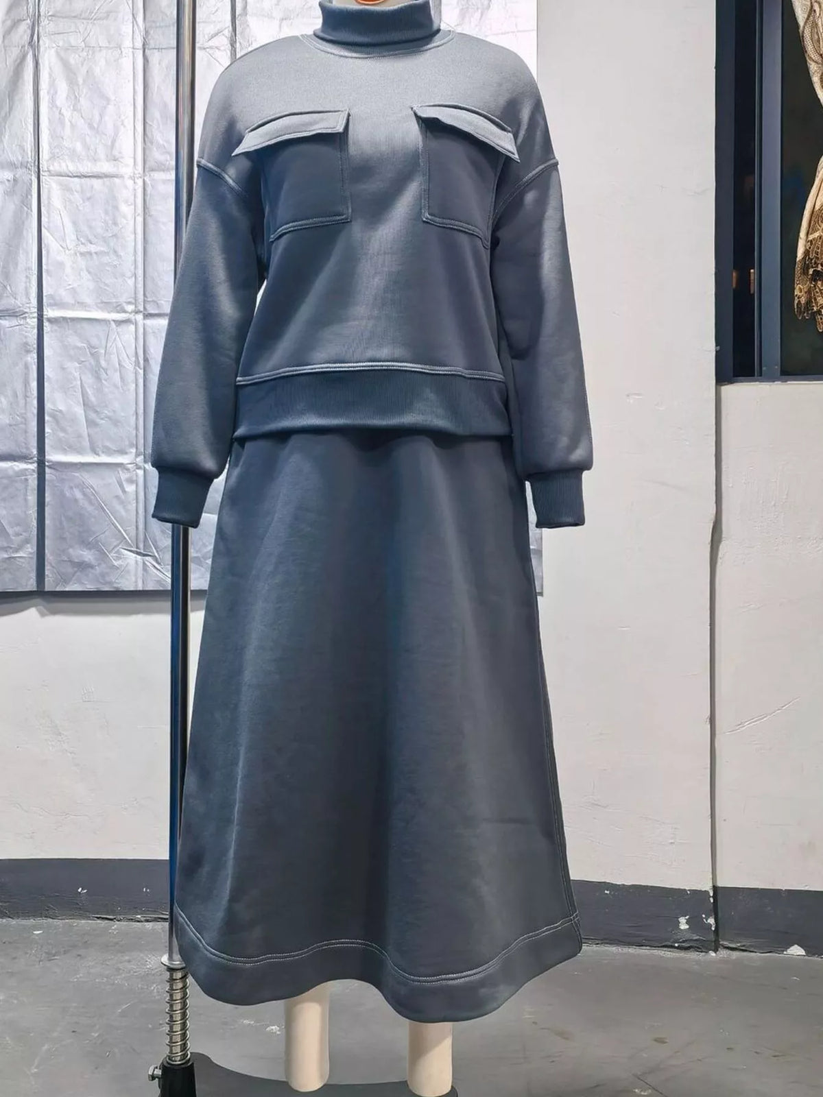 Sweater and skirt set, gray mannequin front