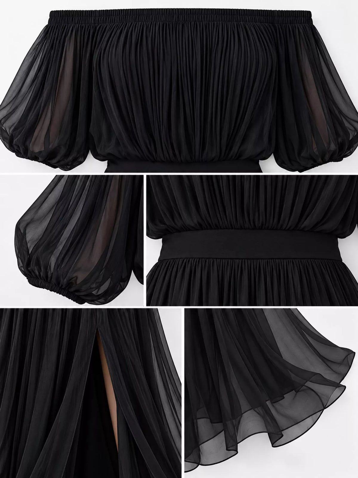 Black off shoulder ruched chiffon maxi dress, detail view