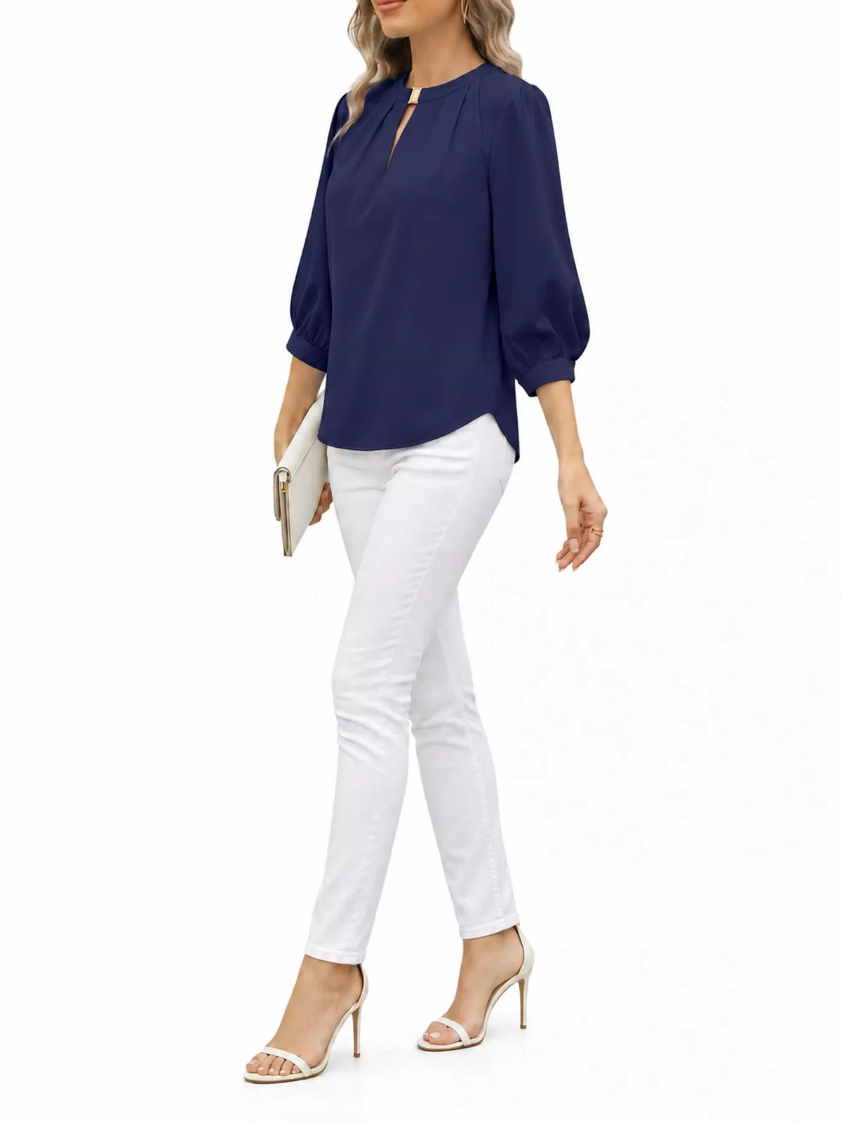 V-Neck Metal Buckle Detail Blouse in navy blue