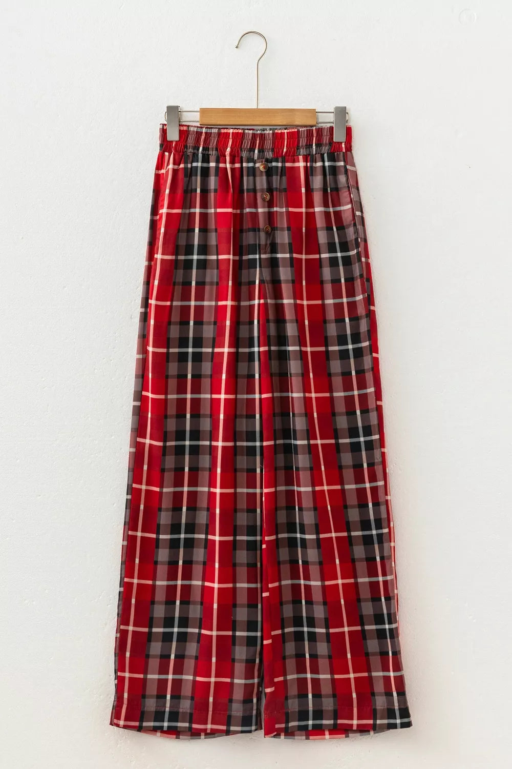 Plaid Elastic Waist Pocket Regular Full-Length Pants in red, hanger front view
