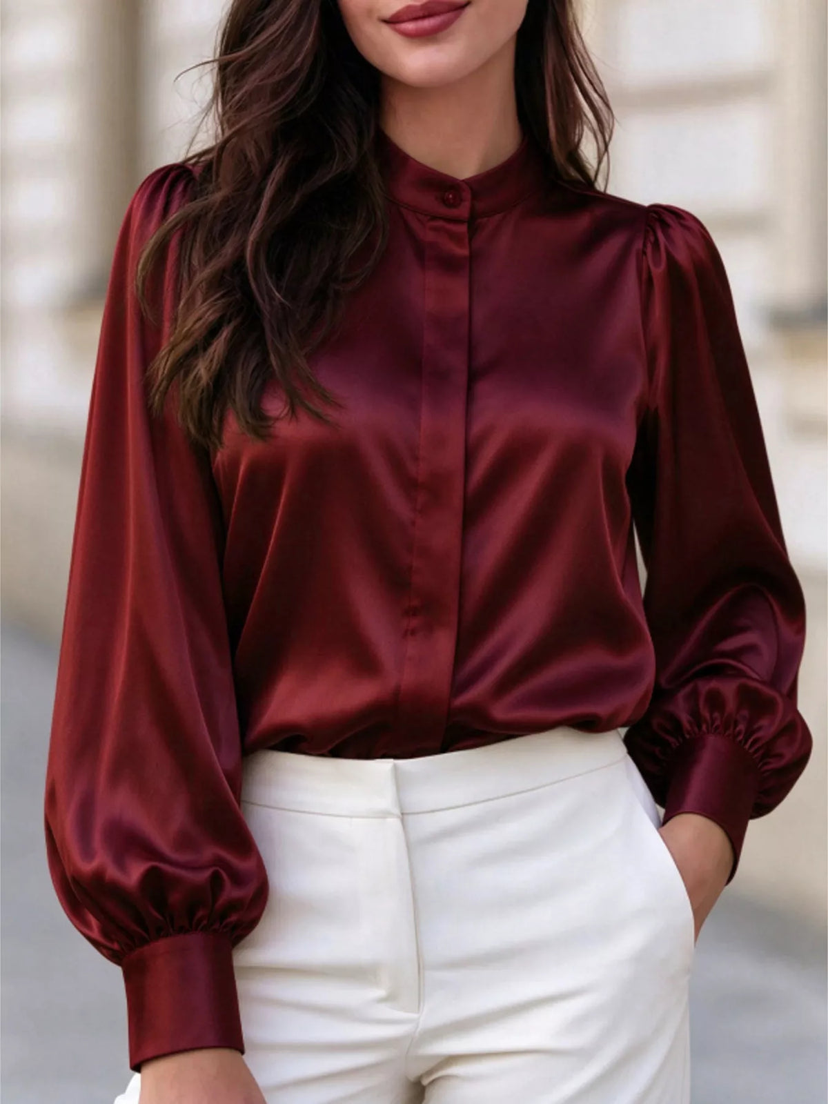 Burgundy satin long sleeve shirt
