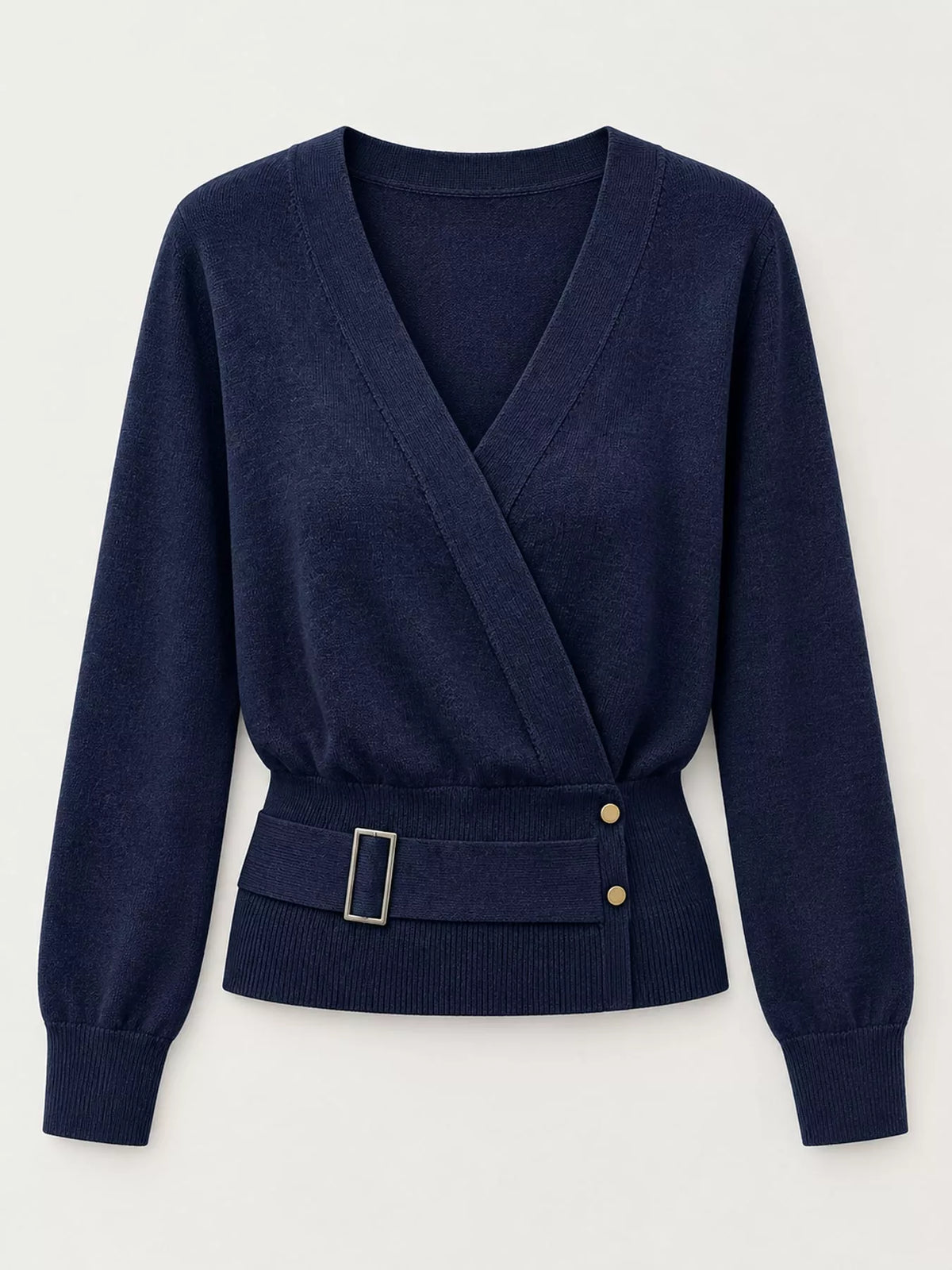 Surplice knit top, navy flat lay