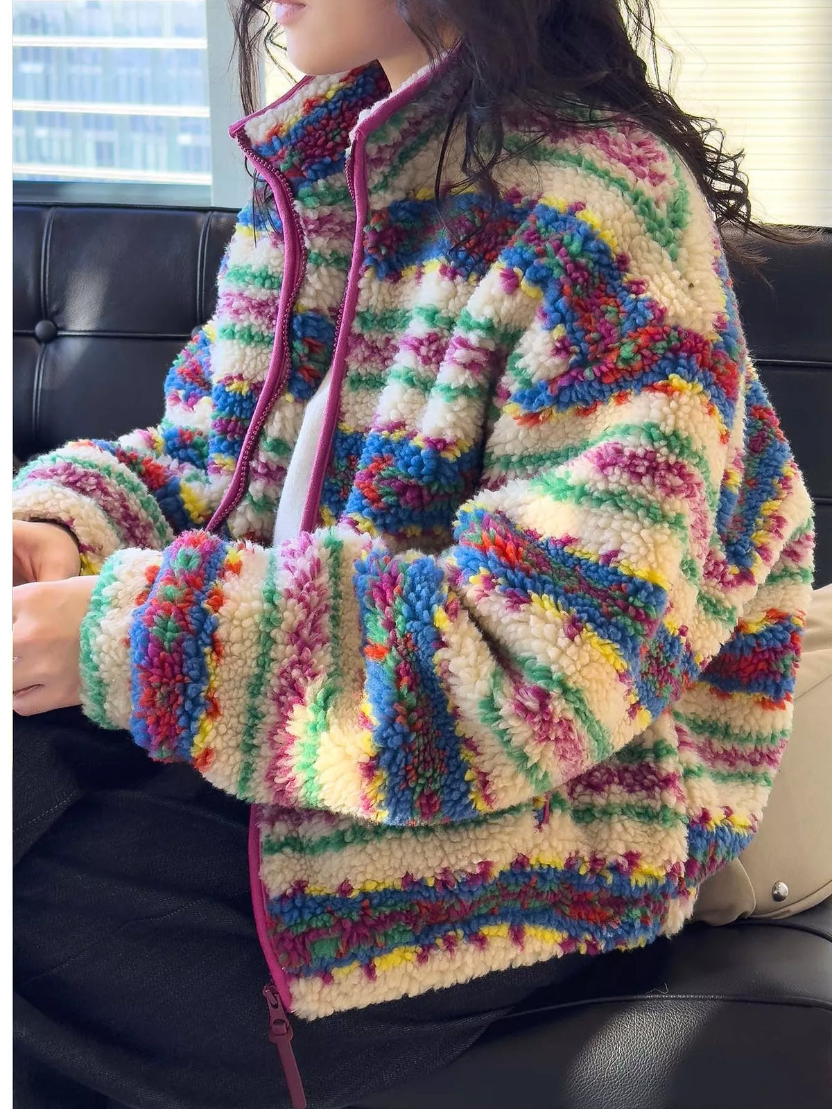 Multicolor colorful patterned sherpa zip up jacket, side view