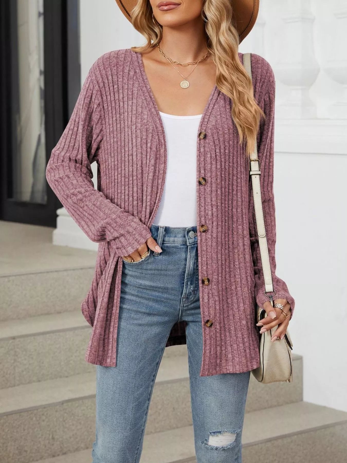 Trendsi Ribbed Button-Up Cardigan -