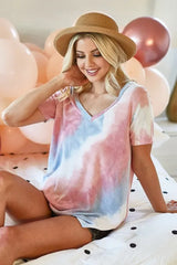 Trendsi BiBi Tie Dye French Terry V Neck Top -