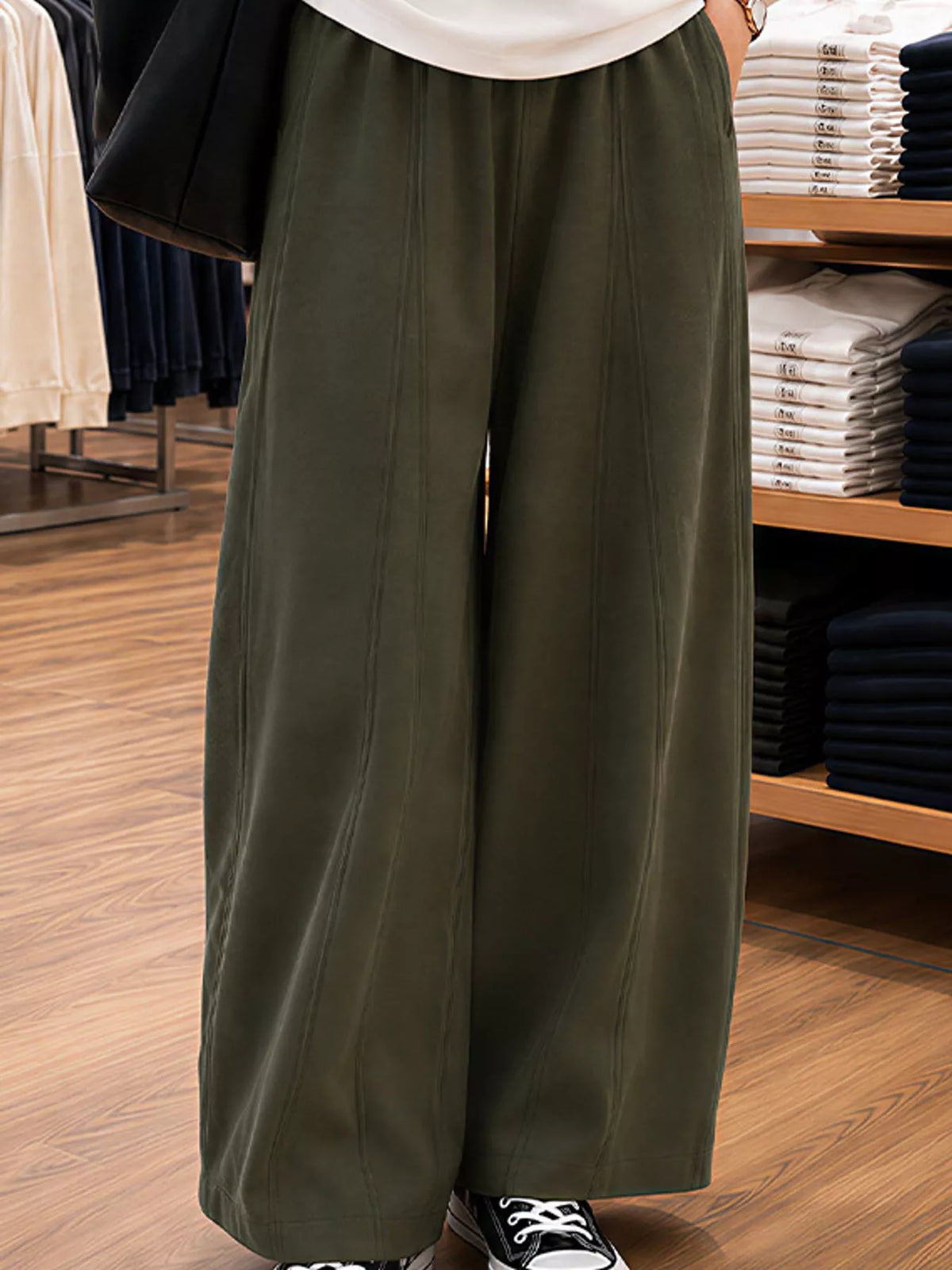 Army green wide leg casual pants, front view